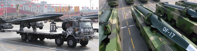 지난 10월 1일 중국 열병식서 첫 공개된 초음속 정찰드론 우전-8(왼쪽)과 둥펑-17 극초음속 미사일.