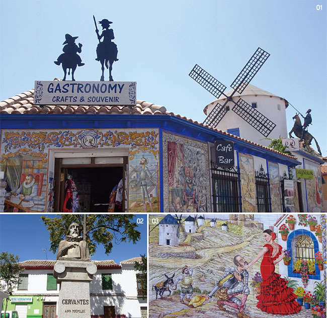 <b></div>01</b> 돈키호테 루트에는 돈키호테와 하인 산초, 늙은 말 로시난테를 형상화한 기념물이 들어선 약 40여곳의 관광지가 있다. 돈키호테 루트에 있는 한 카페 모습.<br/><b>02</b> 돈키호테의 작가 세르반테스 흉상. 마드리드 ‘세르반테스 하우스’는 스페인 문학의 성지로 꼽힌다.<br/><b>03</b> 돈키호테가 환상 속의 귀부인 둘시네아에게 사랑을 고백하는 그림.