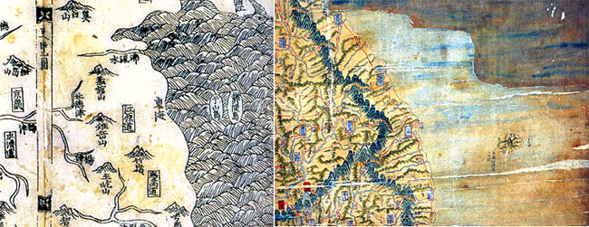 왼쪽은 1531년 만들어진 ‘신증동국여지승람’에 들어 있는 ‘팔도총도’의 울릉도 부분. 우산도가 울릉도와 비슷한 크기로 울릉도 서쪽에 있다. 오른쪽은 18세기 중엽 만들어진 ‘동국대지도’로 우산도를 울릉도 동쪽에 울릉도보다 훨씬 작게 그렸다.