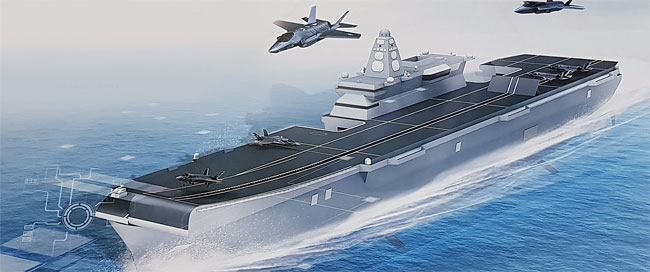 10월 22~25일까지 부산에서 열린 국제 해양방위산업전 '마덱스(MADEX)'에서 현대중공업이 야심차게 내놓은 한국형 경항모 모형도. 스키점프대식으로 F-35B를 운용하는 개념이다. ⓒphoto 디펜스타임스