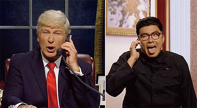 미국 NBC방송의 예능프로그램 SNL에서 트럼프와 김정은으로 분장한 코미디언들이 전화통화하는 모습. ⓒphoto NBC