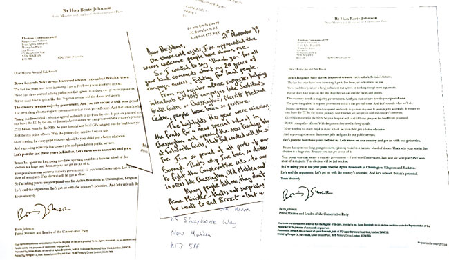 영국의 총선 유인물. 총리인 보수당 당수 보리스 존슨이 각 유권자에게 띄우는 편지 형식이 눈에 띈다.