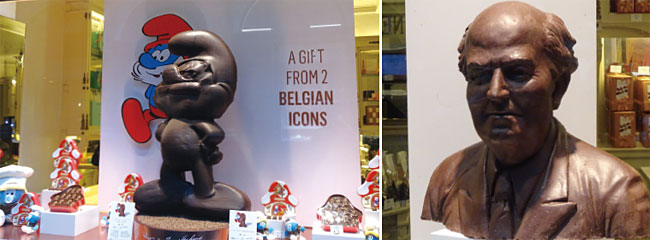 벨기에 초콜릿을 세계적 브랜드로 만든 ‘노이하우스’ 앞에 전시된 상징물 ‘스머프’(왼쪽)와 창업자인 노이하우스의 흉상. 녹지 않는 초콜릿으로 만들었다. ⓒphoto 유민호