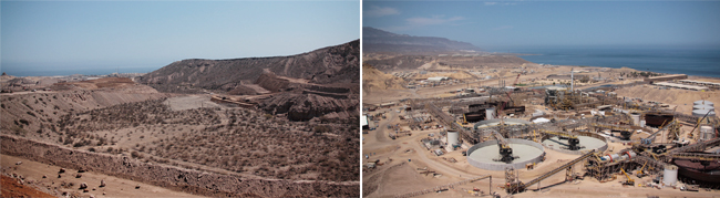 한국광물자원공사가 멕시코에서 운영하고 있는 볼레오 사업장 전경. 왼쪽 사진이 광산 현장 중 일부이고, 오른쪽 사진이 여기서 캐낸 구리를 제련하는 플랜트다. ⓒphoto 박혁진