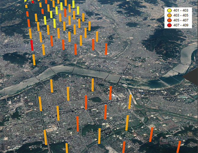 NASA 위성에서 관측한 서울의 이산화탄소 농도.