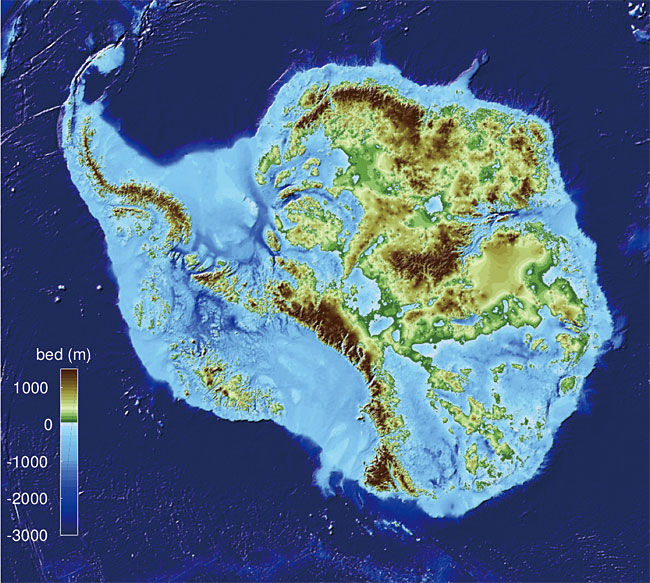 남극은 커다란 하나의 땅덩어리가 아니다. 해수면 아래의 지역이 많다. 이 지역의 얼음이 더 빨리 녹고 있다. ⓒ자료 : 이원상