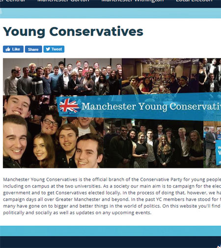 영국 보수당 맨체스터 지역의 ‘청년 보수(YC)’ 홈페이지.