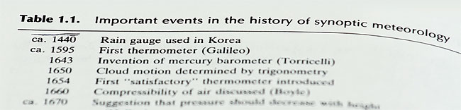 ＜사진1＞ 블루스테인 책 속의 ‘표 1.1’. 1440년에 한국에서 강우 측정을 했다고 나와 있다. ⓒphoto 양수열 영상미디어 기자