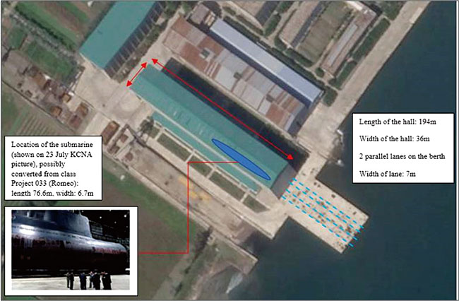 위성사진에 포착된 북한 신포조선소의 대형 잠수함 조립 건물. 3000t급 신형 잠수함 3척을 동시에 건조할 수 있는 것으로 추정된다. photo 유엔 안보리 대북제재위 전문가 패널 보고서