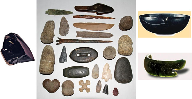 흑요석 원석(왼쪽), 흑요석을 사용하여 만든 도구들(가운데), 흑요석 식기(오른쪽 위), 흑요석 팔찌(오른쪽 아래). ⓒphoto Wikpedia, AboutHistory, Sumerian Shakespeare, Siberian Times