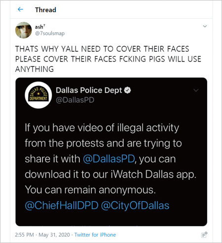 한 K팝 팬 트위터 계정이 ‘불법시위 활동을 신고해달라’는 미국 텍사스주 댈러스 경찰의 공지를 공유하며 시위대 영상 대신 팬캠을 업로드할 것을 독려하고 있다. ⓒphoto @7soulsmap 트위터 캡처