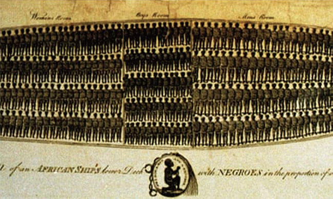 영국 노예선 내부를 분석한 자료. 노예들이 누워서 몸을 돌리는 것도 힘들 만큼 공간이 비좁다.