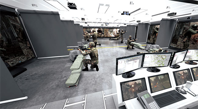 네비웍스의 리얼BX 영상 모의사격 훈련 체계. 현재 육군 4개 사단 예비군 부대에서 운용 중이며 총기 발사음과 반동도 구현할 수 있다. ⓒphoto 네비웍스