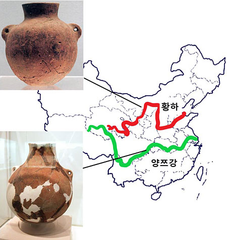 황하(붉은색) 및 양쯔강(녹색) 수계와 각각의 강 유역에서 출토된 기원전 7000년 무렵의 토기. ⓒ이진아 제공