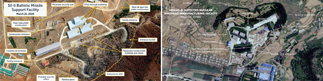 북한의 ICBM 조립공장으로 추정되는 평양 인근 신리(왼쪽)와, 핵탄두 제조공장으로 추정되는 원로리(오른쪽)를 인공위성으로 촬영한 모습. 신리는 지난 5월 5일 미국 전략국제문제연구소의 북한 전문 사이트 ‘비욘드 패러렐’이, 원로리는 지난 7월 8일 미국 미들베리 국제학연구소가 각각 공개했다.