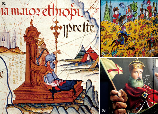 01 중세시대 신화 속 프레스터 존을 묘사한 그림.<br/></div>02 이슬람군과 싸우는 몽골군.<br/>03 십자군기를 들고 있는 중세 기사를 묘사한 그림.