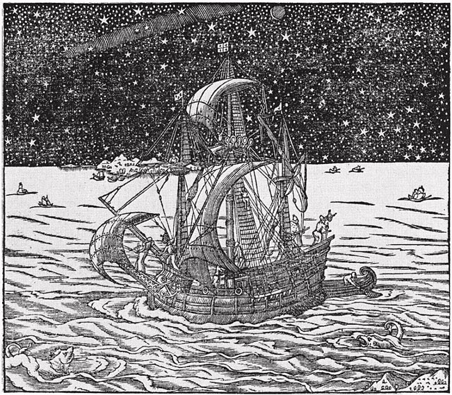 밤에 별을 관측하면서 길을 찾아가는 배의 모습을 그린 16세기 미국 판화(1575 그래인저 작). ‘스타 내비게이션’은 나침반을 이용한 항법이 도입된 이후에도 상당 기간 해로 탐색에 이용된, 아주 긴 역사를 갖는 기술이었다. 출처: fineartamerica