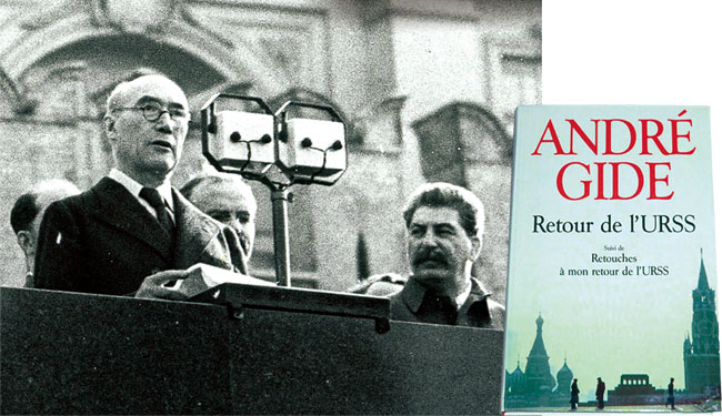 소련을 방문해 스탈린이 지켜보는 가운데 연설을 하는 앙드레 지드. 오른쪽은 1936년 11월 출간된 앙드레 지드의 ‘소련 방문기’.