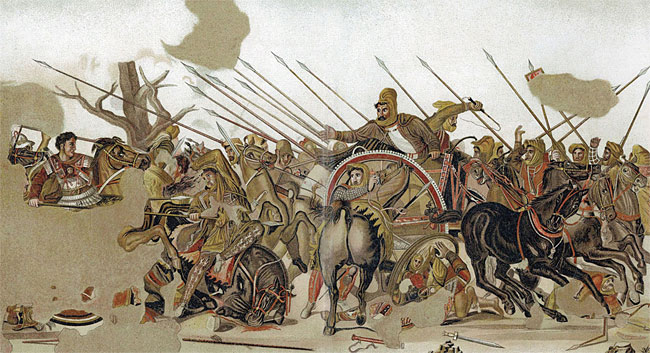 이탈리아 나폴리 고고학박물관에 소장돼 있는 이수스전투 모자이크 벽화. 수많은 창을 뚫고 전진하는 알렉산더와 기습공격에 말을 돌리는 다리우스가 묘사돼 있다.