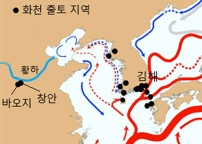 화천이 출토되는 지역과 동아시아 해류. 제공: 이진아