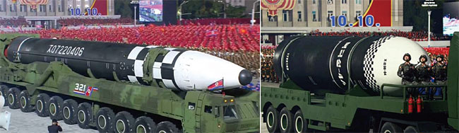 북한이 노동당 창당 75주년 열병식에서 공개한 신형 ICBM(왼쪽)과 신형 SLBM인 북극성-4A형. ⓒphoto 조선중앙TV