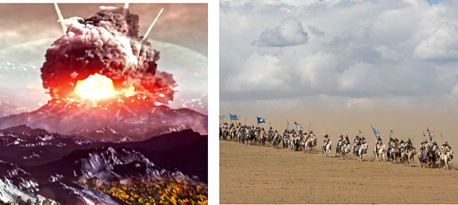 백두산 폭발 상상도(왼쪽), 백두산 폭발이 낳은 유민의 행렬 모큐멘타리 화면(오른쪽) 출처: YTN, KNN