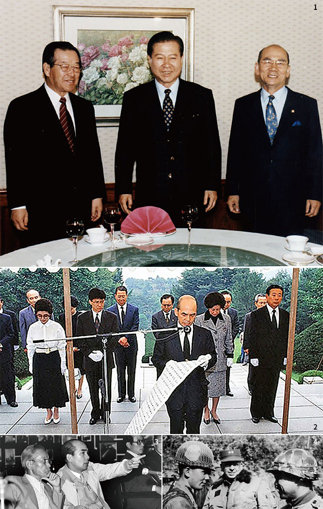 <strong></div>1</strong> 1997년 12월 31일 김대중 대통령 당선자(가운데), 김종필 총재(왼쪽)와의 오찬. photo 국가기록원<br/><strong>2</strong> 1992년 10월 3일 박정희 묘소에서 “각하의 명을 받아 25년 만에 제철입국의 업무를 성공적으로 완수했다”며 보고하는 모습.<br/><strong>3</strong> 1977년 포철을 방문한 이병철 회장(왼쪽)과 함께.<br/><strong>4</strong> 6·25전쟁 당시 박태준 중령(왼쪽).