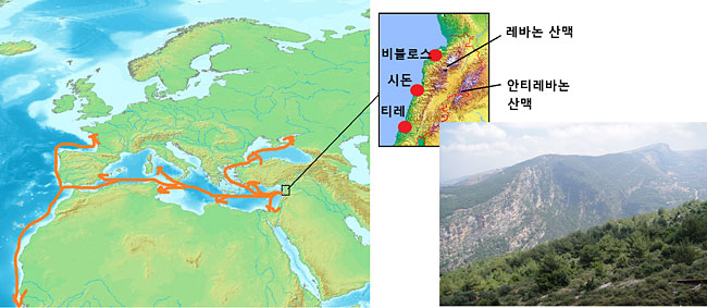 (왼쪽) 페니키아의 본토와 교역로. 주황색 선이 페니키아의 교역로, 작은 사각형 부분이 본토와 그 인근이다. (가운데) 왼쪽 작은 사각형을 확대한 페니키아 본토의 지형 및 연맹국 위치. 두 줄기의 산맥이 바다에 연해 있는 기슭의 좁은 땅에 도시국가들이 연립해 있다. (오른쪽) 레바논 삼나무로 유명했던 레바논 산맥 전경. 뒤쪽의 헐벗은 거대 산지가 과거에는 모두 울창한 삼나무 숲이었다.
