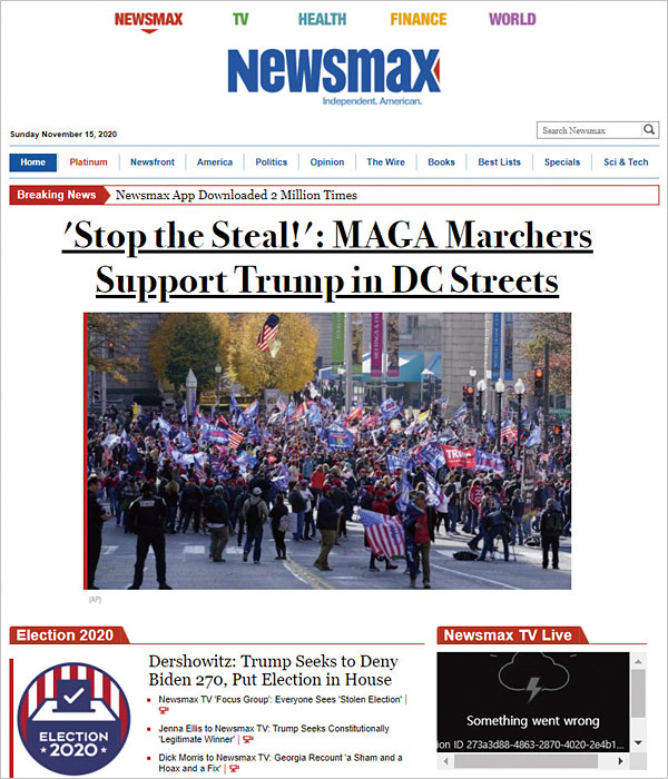 지난 11월 14일 워싱턴DC에서 열린 트럼프 지지 시위를 비중 있게 보도한 뉴스맥스.