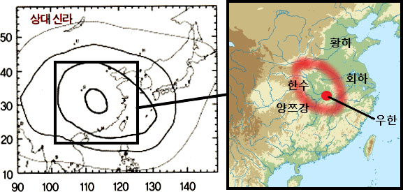 삼국사기 신라본기에 기록된 기원전 57년부터 서기 201년까지 신라(가야)에서 관측할 수 있었던 일식 현상의 관측 중심지(왼쪽)와 우한 인근 지형도(오른쪽) 제공: 이진아