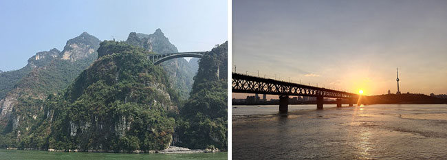 우한 인근 실링 협곡(왼쪽)과 우한 양쯔강 다리(오른쪽). 험한 산과 넓은 강은 우한 일대를 외부로부터 적절히 차단하는 경계가 되어 왔다. 사진 출처: Wikipedia Creative Commons