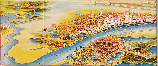 1930년 일본 화가가 그린 우한 도시부. 오른쪽 강 윗부분이 당시 개항했던 한코우로 가장 번영했던 모습을 볼 수 있다. 출처: 퍼블릭 도메인