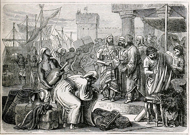 페니키아의 주 교역대상국이었던 카르타고 항구에서 배가 도착, 거래가 진행되는 모습을 그린 19세기 영국 판화. 가락국의 교역항에서도 비슷한 양상이 전개되었을 것이다.  출처: 퍼블릭 도메인