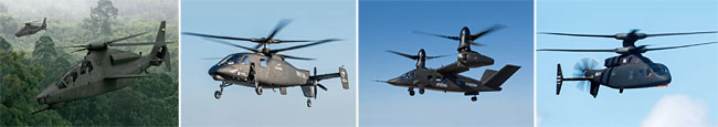(왼쪽부터) 미 차세대 공격정찰 헬기 후보 중의 하나인 벨사의 ‘360 인빅터스’. 영화 ‘헐크’에도 등장했던 RAH-66 ‘코만치’ 헬기와 비슷하다. photo 미 벨사<br/></div>미 차세대 공격정찰 헬기 후보 중의 하나인 시콜스키사의 S-97 ‘레이더’. 2개의 로터가 반대 방향으로 회전하는 동축반전식으로 비행한다. photo 미 시콜스키사<br/>미 차세대 장거리 강습헬기 후보 중의 하나인 벨사의 V-280 ‘밸러’. 틸트로터 수직이착륙 방식으로 MV-22 ‘오스프리’를 개량한 것이다. photo 미 벨사<br/>미 차세대 장거리 강습헬기 후보 중의 하나인 시콜스키-보잉사의 SB-1 ‘디파이언트’. 순항속도가 아파치 공격헬기보다 빠른 460㎞에 달하며 2개의 로터가 반대 방향으로 회전하는 동축반전식이다. ⓒphoto 미 시콜스키사