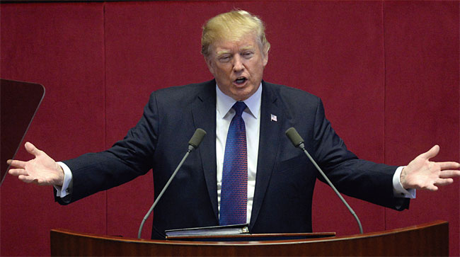 2017년 11월 8일 한국을 방문해 국회에서 연설을 한 트럼프 대통령. ⓒphoto 뉴시스