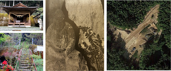 (왼쪽 위) 가와하라 다이진구 신사. 일본의 다른 신사에 비해 한국적인 느낌을 주는 건물 외양이다.  (왼쪽 아래) 가와하라 다이진구 뒤쪽 숲으로 올라가는 길.  (가운데) 신사 뒤쪽 산 정상 부근 동굴에서 1979년 이종기 선생의 2차 탐사시 촬영한 훼손된 아난도상 석상과 제를 지낸 흔적.  (오른쪽) 2019년 1월 촬영한 구글 어스 항공 사진으로 확인된 동굴 추정 위치 확대 사진. 토목공사가 진행 중이어서 동굴이 훼손됐을 가능성도 있다. 사진 출처: 가운데는 이종기, 다른 사진들은 모두 구글 어스 사진.