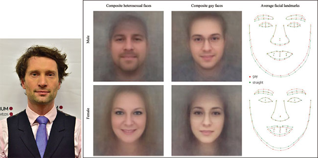 (왼쪽)사람들의 얼굴 사진으로 정치적 성향을 알아맞히는 인공지능 알고리즘을 개발한 마이클 코신스키 스탠퍼드대 교수. photo 유튜브<br/></div>코신스키 교수는 얼굴 데이터로 성적 취향을 예측할 수 있다는 연구도 발표한 바 있다. 코신스키 교수가 자신의 트위터에 띄운 얼굴과 성적 취향 관계 분석도.