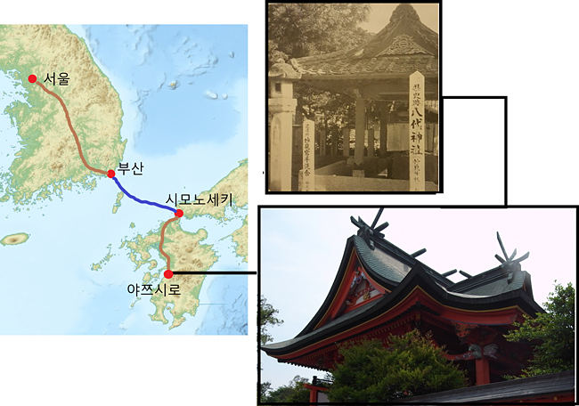 (왼쪽) 서울에서 야쯔시로까지 포운 이종기 선생의 여행 경로. 원본 지도 출처: 위키미디어 커먼즈, 재구성: 이진아,  (오른쪽 위) 1971년 야쯔시로 1차 탐사 때 찍은 야쯔시로 신사 사진. 한국적 분위기인 이 옛날 건물은 현재 정문 왼쪽에 위치해 있다. 출처: ‘가야공주 일본에 가다’  (오른쪽 아래) 야쯔시로 신사 본관 건물. 사진 출처: Jerry Fish TKC, Wikipedia Creative Commons