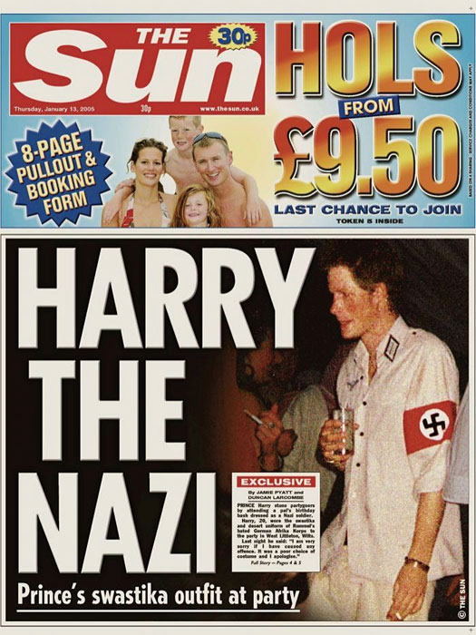 2005년 1월 3일 자 ‘더선지’ 표지에 실린 해리 왕자. 나치 군복 차림으로 파티에 참석했었다.