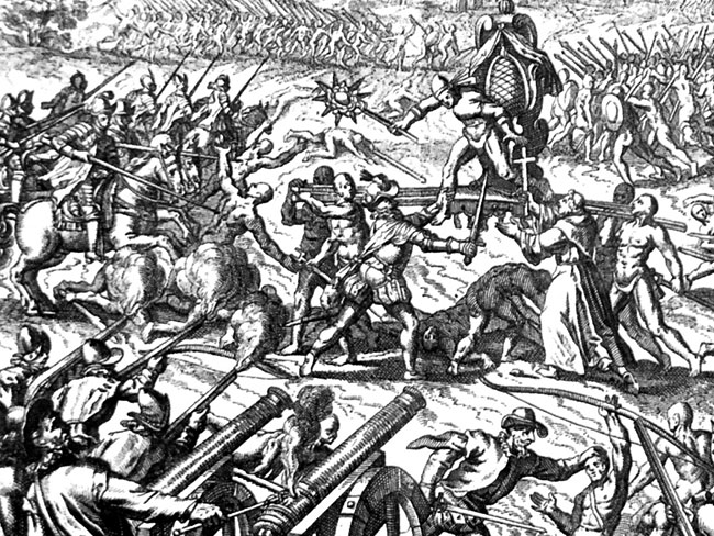 피사로가 잉카 황제 아타우알파를 생포한 카하마르카의 전투를 묘사한 16세기 유럽의 판화. 출처: 퍼블릭 도메인