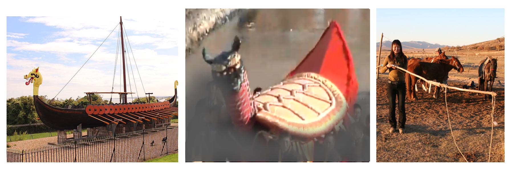 (왼쪽) 복원된 9세기 바이킹족의 배. 선두에 용머리가 달려 있다. (가운데) 야쯔시로 묘켄 마쯔리에서 사용되는 거북 모형. 묘켄이 타고 왔다는 거북을 상징한다. (오른쪽) 몽고인들이 말을 포획할 때 사용하는 도구 우르가. 전통사회에서 이런 도구들은 종종 전투시 인간에 대해서도 사용됐다. 출처: (왼쪽부터) Wikipedia Creative Commons, 2019년도 야쯔시로 묘켄마쯔리 녹화영상 캡쳐, Flickr 이미지