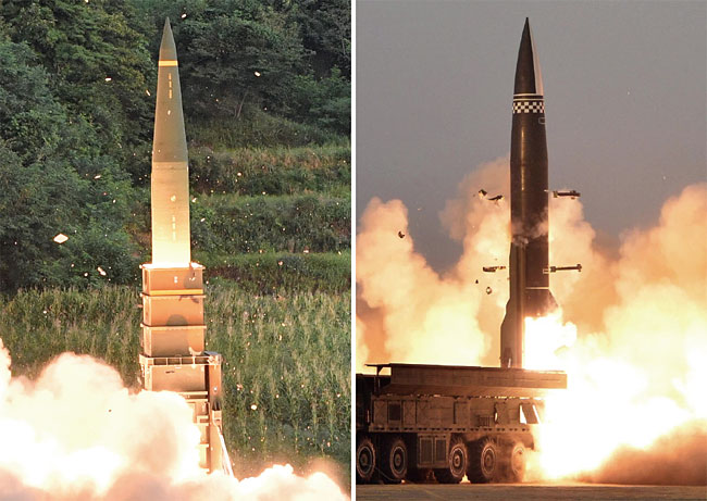 (좌) 현무-2 미사일. (우) 북한 KN-23 개량형 미사일. photo 국방부