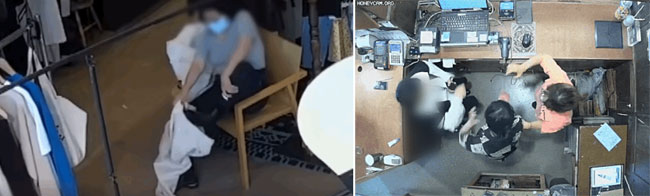 주한 벨기에 대사 부인 A씨가 신발 신은 채 바지를 시착하는 모습(왼쪽), 가게 직원의 뺨을 때리는 모습(오른쪽). ⓒphoto 피해자 측 제공 영상 캡쳐