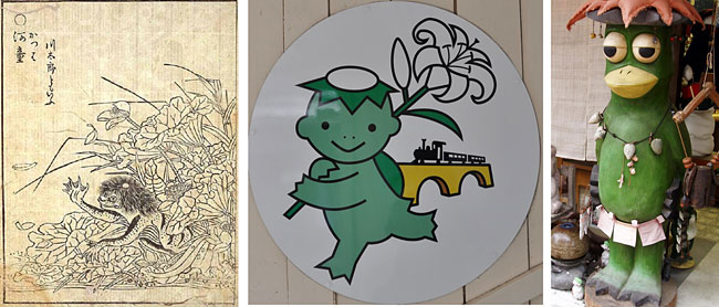 (왼쪽) 18세기 화가 토리야마 세끼엔이 그린 갓빠 모습. (중앙, 오른쪽) 갓빠는 대중적으로 사랑 받는 민담 캐릭터 중 하나로, 일본 전역에서 갓빠의 그림을 로고로 만들거나, 공원 혹은 상점에 갓빠 상을 만들어 세워둔 것을 발견할 수 있다. photo: 퍼블릭 도메인, flickr 무료 이미지