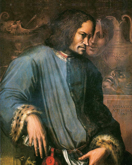 바사리가 그린 로렌초 메디치 초상화. 예술 애호가답게 고대의 미술품들이 배경을 이루고 있다.