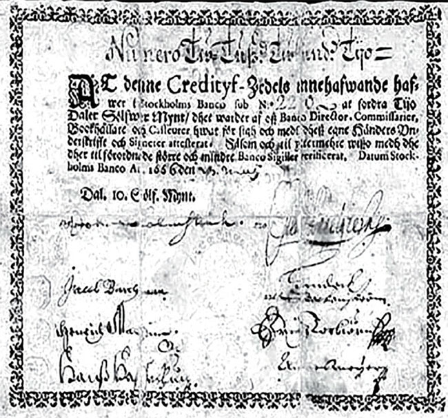 스톡홀름은행이 은화 부족에 대처하기 위해  1661년 발행한 어음. ⓒphoto 위키피디아
