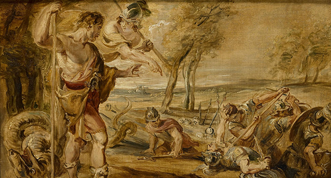 전령의 신 헤르메스와 함께, 용의 이빨에서 솟아난 사람들의 싸움을 지켜보는 카드무스. ⓒ출처: 17세기 네덜란드 화가 루벤스의 작품, 퍼블릭 도메인