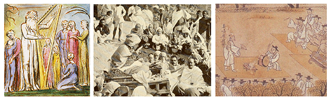 (왼쪽) 하프 반주에 맞추어 이야기를 들려주는 고대 켈트족의 음유시인 바드. (가운데) 높은 단상에 앉아 많은 청중에게 이야기를 들려주는 인도 전통 스토리텔러 카타카르. (오른쪽) 한국의 판소리 역시 과거로부터 전해져 내려오는 이야기를 노랫가락에 담아내는 형식이었다. ⓒ출처: (왼쪽)윌리엄 블레이크 그림 (가운데) Flickr Commons, 퍼블릭 도메인 (오른쪽)모흥갑의 판소리도, 퍼블릭 도메인