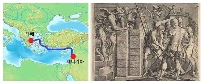 (왼쪽) 테베 및 페니키아(티레) 위치와 연결 항로. 원본 지도  (오른쪽) 전령의 신 헤르메스의 도움으로 테베를 건설하는 카드무스. ⓒ출처: (왼쪽)User-Koba-Chan의 유라시아 지도에서 해당 지역만 잘라 지명 기입, https://commons.wikimedia.org/wiki/File:Eurasian_mass.jpg  (오른쪽) 16세기 프랑스 판화, 퍼블릭 도메인