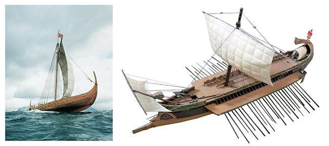 배의 모습은 같은 용도라도 활동하는 환경에 따라서 크게 차이가 난다. 위 두 그림은 둘 다 전투와 정복이 주 목적이었던 전함으로, 왼쪽은 서기 9~11세기에 활동하던 바이킹의 배, 오른쪽은 서기 1~3세기에 활동하던 로마의 배다. 북유럽의 좁은 피요르드 만을 통과해서 나와 비교적 소수의 인원으로 긴 항해를 해야 했던 바이킹의 배는 선체가 좁고 날렵하며 큰 돛을 달아 바람과 해류의 힘을 최대한 이용하는 구조를 갖는다. 반면 바람과 해류가 약한 지중해역을 움직일 때, 많은 노예의 힘으로 노를 저어 속력을 내야 했던 로마의 전함은 선체가 크고 평평하며 돛이 작고, 노를 젓는 칸이 3단으로 되어 있다. 가야의 배들은 이 두 배의 중간 형태가 아니었을까? 사진 출처: (왼쪽) Creative Commons, Geir Are Johansen 작품, https://www.flickr.com/photos/lofotr/4563532483 , (오른쪽) Wikimedia Commons, Rama 작품, https://commons.wikimedia.org/wiki/File:Trireme_1.jpg